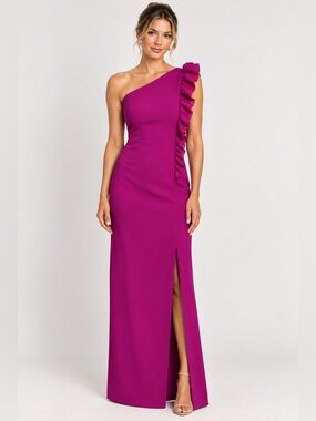 Frascara one shoulder ruffle crepe gown dress magenta fuchsia size 10
